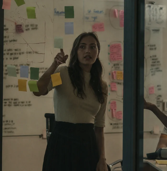 A team member pointing at sticky notes on a glass wall in the office